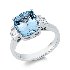 Ring 750 Weißgold Aquamarin 3,48ct blau 4 Diamanten Baguette-Schliff 0,36ct TW-SI