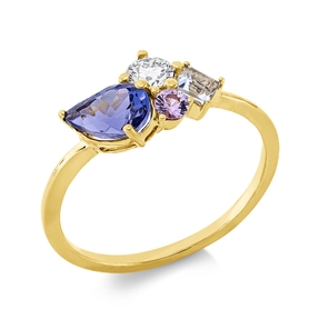 Ring aus 750 Gelbgold 3 Aquamarine 0,93ct blau Brillant 0,19ct TW-SI B:8,6mm