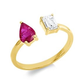 Ring aus 750 Gelbgold Rubin 0,47ct rot Diamant Smaragd-Schliff 0,5ct TW-SI B:7,7mm