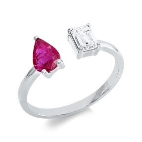 Ring aus 750 Weißgold Rubin 0,85ct rot Diamant Smaragd-Schliff 0,5ct TW-SI B:7,7mm