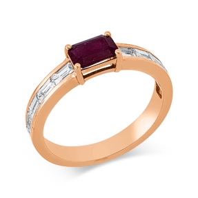 Ring 750 Rotgold Rubin 0,7ct rot 10 Diamanten Baguette-Schliff 0,79ct F-VSI B:4,3mm Ring 750 Rotgold Rubin 0,7ct rot 10 Diamanten Baguette-Schliff 0,79ct F-VSI B:4,3mm