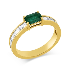 Ring 750 Gelbgold Smaragd 0,51ct grün 10 Diamanten Baguette-Schliff 0,79ct F-VSI