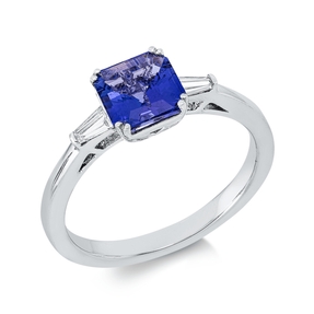 Ring aus 750 Weißgold Tansanit 1,25ct blau 4 Diamanten Trapez-Schliff 0,1ct TW-SI