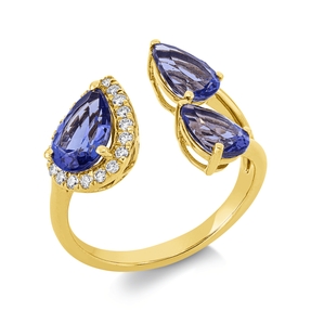 Ring aus 750 Gelbgold 3 Tansanite 2,55ct blau 19 Brillanten 0,16ct TW-SI B:14mm