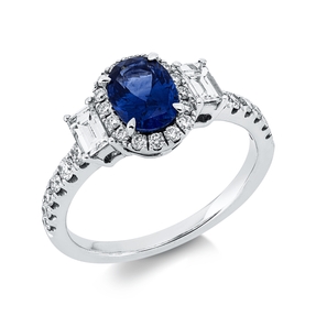 Ring aus 750 Weißgold Saphir 1,1ct blau 30 Diamanten 0,7ct TW-SI B:9,1mm