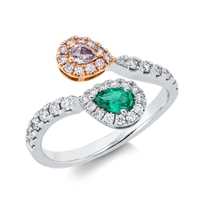 Ring aus 750 Gold weiß/rot Smaragd 0,21ct grün 37 Diamanten 0,56ct B:13,1mm