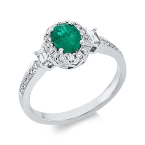 Ring aus 750 Weißgold Smaragd 0,67ct grün 30 Diamanten 0,34ct TW-SI B:8,8mm