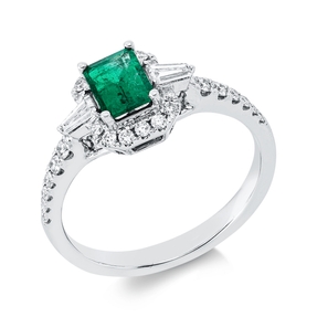 Ring aus 750 Weißgold Smaragd 0,58ct grün 28 Diamanten 0,41ct TW-SI B:8,9mm