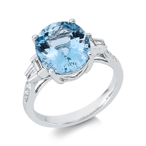 Ring aus 750 Weißgold Aquamarin 4,19ct blau 10 Diamanten 0,32ct TW-SI B:11,7mm