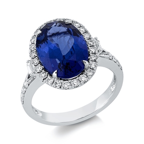 Ring aus 750 Weißgold Tansanit 5,12ct blau 34 Diamanten 0,56ct TW-SI B:16,1mm
