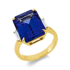 Ring 750 Gelbgold Tansanit 10,12ct blau 2 Diamanten Baguette-Schliff 0,26ct TW-SI Ring 750 Gelbgold Tansanit 10,12ct blau 2 Diamanten Baguette-Schliff 0,26ct TW-SI