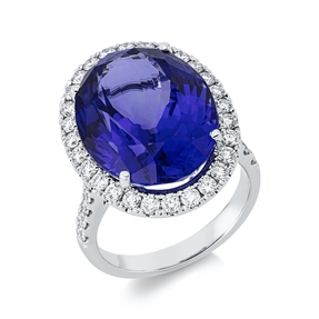 Ring aus 750 Weißgold Tansanit 16,75ct blau 42 Brillanten 0,93ct TW-SI B:22,2mm