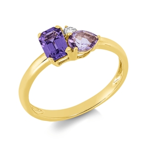 Ring aus 750 Gelbgold 2 Amethyste 0,86ct pink Brillant 0,05ct TW-SI B:6,4mm
