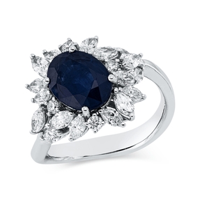 Ring aus 750 Weißgold Saphir 1,4ct blau 22 Brillanten 1ct TW-SI B:11,7mm