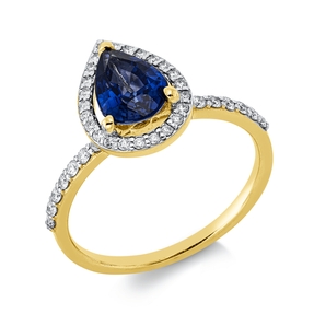 Ring aus 750 Gold gelb/weiß Saphir 1,21ct blau 40 Diamanten 0,29ct F-SI B:12mm