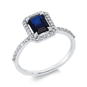 Ring aus 750 Weißgold Saphir 0,91ct blau 40 Diamanten 0,31ct F-SI B:10mm