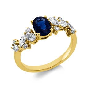 Ring aus 750 Gelbgold Saphir 1,01ct blau 12 Diamanten 0,53ct TW-SI B:7mm