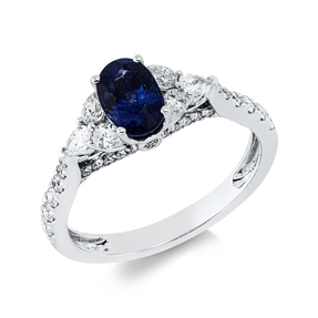 Ring aus 750 Weißgold Saphir 1,03ct blau 40 Diamanten 0,6ct W-PI B:7mm