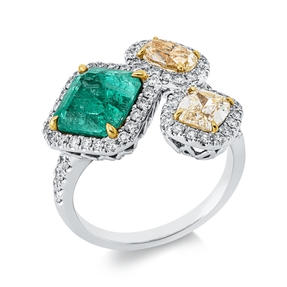 Ring aus 750 Gold gelb/weiß Smaragd 2,32ct grün 71 Diamanten 1,74ct B:17,5mm
