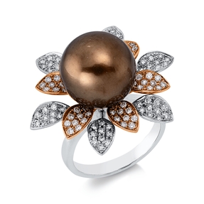 Ring aus 750 Gold weiß/rot Tahiti-Perle 12,5mm braun 120 Brillanten 0,72ct F-VSI