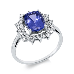 Ring aus 750 Weißgold Tansanit 2,2ct blau 36 Brillanten 0,36ct F-VSI B:14,8mm