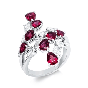 Ring 750 Weißgold 8 Rubine 3,06ct rot 10 Diamanten Tropfen-Schliff 1,4ct F-VVS/VS