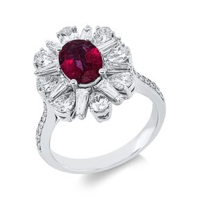 Ring aus 750 Weißgold Rubin 1,01ct rot 36 Diamanten 1,76ct F-VVS/VS B:16,5mm