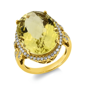 Ring aus 750 Gelbgold Lemonquarz 15,29ct grün 68 Brillanten 0,49ct F-SI B:20,8mm
