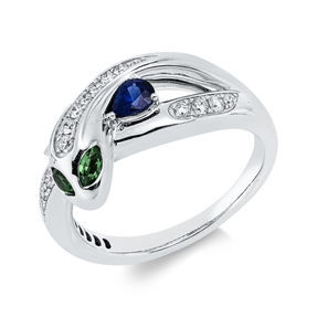 Ring Schlange 750 Weißgold 3 Tsavorithe 0,31ct grün 15 Brillanten 0,17ct F-VSI