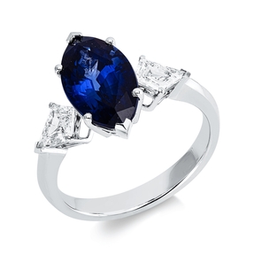 Ring aus 750 Weißgold Saphir 3,87ct blau 2 Diamanten Fanatsy-Schliff 0,63ct F-FVSI