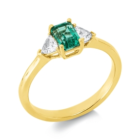 Ring 750 Gelbgold Smaragd 0,69ct grün 2 Diamanten Triangel-Schliff 0,33ct TW-SI