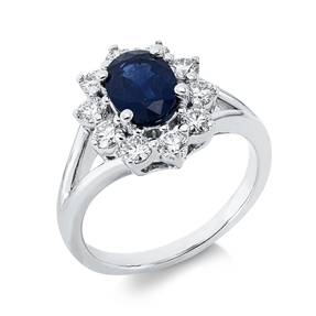 Ring aus 750 Weißgold Saphir 1,43ct blau 10 Brillanten 0,76ct TW-SI B:14mm