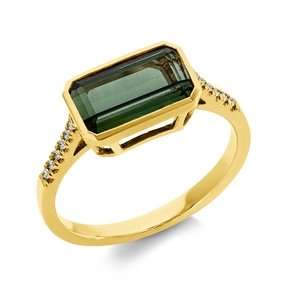 Ring aus 750 Gelbgold Turmalin 2ct grün 12 Brillanten 0,06ct TW-SI B:7,1mm
