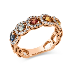 Ring aus 750 Rotgold 5 Saphire 0,67ct mehrfarbig 50 Brillanten 0,28ct TW-SI B:5,5mm