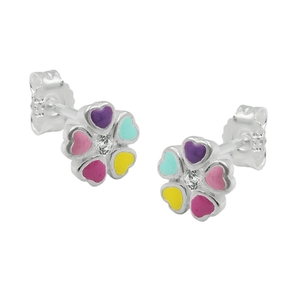 Paar Ohrstecker Blumen 6mm bunt lackiert mit Zirkonia 925 Silber Kinder