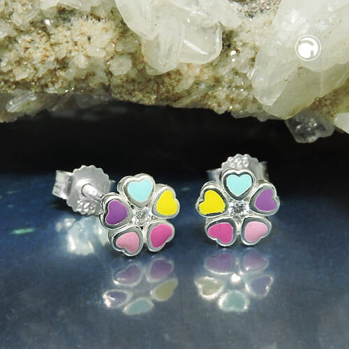 Ohrstecker Ohrring 6mm Blume bunt lackiert mit Zirkonia 925 Silber