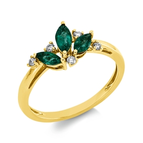 Ring aus 750 Gelbgold 3 Smaragde 0,55ct grün 5 Brillanten 0,09ct TW-SI B:25,6mm