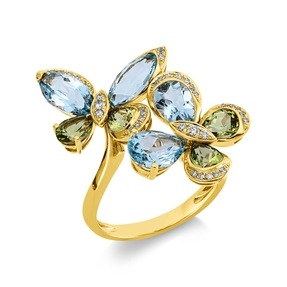 Ring aus 750 Gelbgold 8 Peridote 5,8ct grün 38 Brillanten 0,18ct TW-SI B:28,1mm