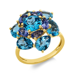 Ring aus 750 Gold Gelbgold 12 Tansanite 7,7ct blau B:20,4mm