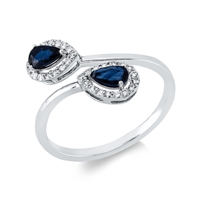 Ring Tropfen aus 750 Weißgold 2 Saphire 0,55ct blau 32 Brillanten 0,16ct TW-SI