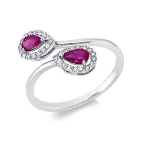 Ring Tropfen 750 Weißgold 2 Rubine 0,44ct rot 32 Brillanten 0,16ct TW-SI B:10,8mm