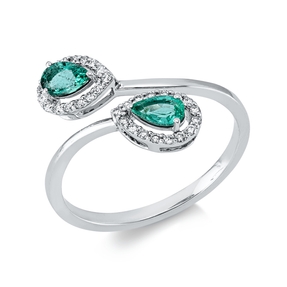 Ring Tropfen aus 750 Weißgold 2 Smaragde 0,4ct grün 32 Brillanten 0,16ct TW-SI