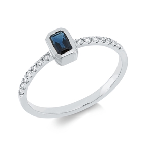 Ring aus 750 Weißgold Saphir 0,32ct blau 14 Brillanten 0,13ct TW-SI B:6,1mm