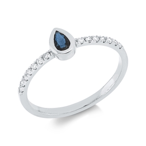 Ring Tropfen 750 Weißgold Saphir 0,29ct blau 14 Brillanten 0,13ct TW-SI B:6,1mm