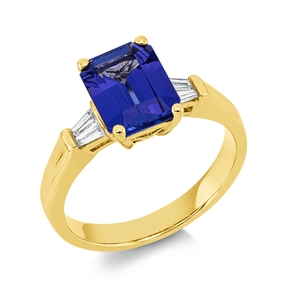 Ring aus 750 Gelbgold Tansanit 2,15ct blau 4 Diamanten Trapez-Schliff 0,17ct TW-SI Ring aus 750 Gelbgold Tansanit 2,15ct blau 4 Diamanten Trapez-Schliff 0,17ct TW-SI