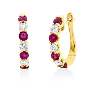 Creolen aus 750 Gelbgold 8 Rubine 1,48ct rot 6 Brillanten 0,8ct TW-SI 19,7x3,3mm