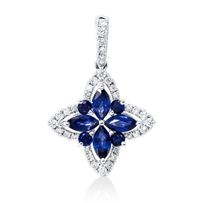 Anhänger 750 Weißgold 8 Saphire 0,81ct blau 34 Brillanten 0,19ct TW-SI 22x14,7mm