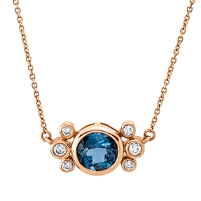 Collier aus 750 Rotgold Topas 1,16ct London Blue 6 Brillanten 0,12ct TW-PI L:45cm