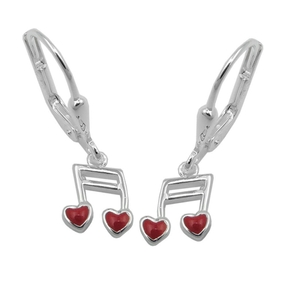 Paar Ohrhänger Ohrringe 24x7mm Musiknote Doppelnoten mit Herz rot 925 Silber