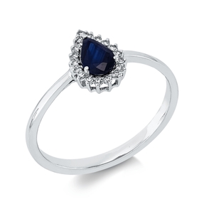 Ring Tropfen aus 750 Weißgold Saphir 0,46ct blau 18 Diamanten 0,09ct TW-SI B:9mm